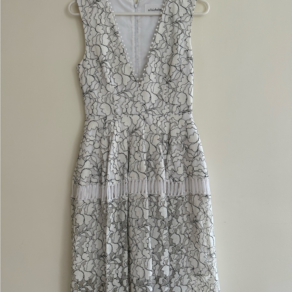 NICHOLAS White and Black Floral Lace Midi Dress